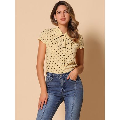 Women's Short Sleeve Tops Vintage Polka Dots Button Up Shirt