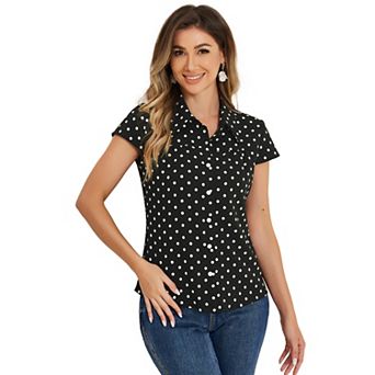 Women's Short Sleeve Tops Vintage Polka Dots Button Up Shirt
