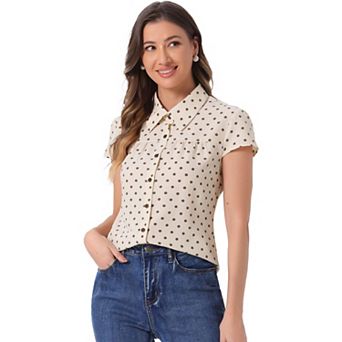 Women's Short Sleeve Tops Vintage Polka Dots Button Up Shirt