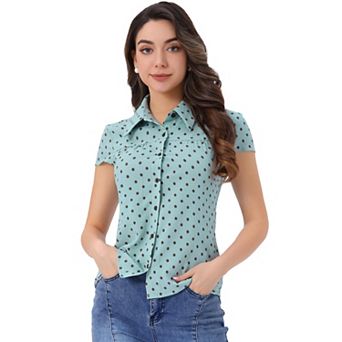 Women's Short Sleeve Tops Vintage Polka Dots Button Up Shirt