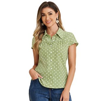 Women's Short Sleeve Tops Vintage Polka Dots Button Up Shirt