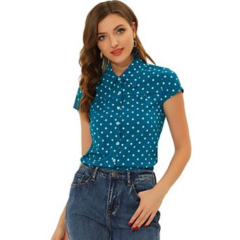 Women's Short Sleeve Tops Vintage Polka Dots Button Up Shirt