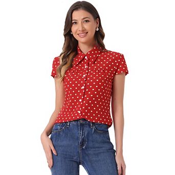 Women's Short Sleeve Tops Vintage Polka Dots Button Up Shirt