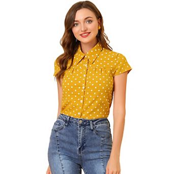 Women's Short Sleeve Tops Vintage Polka Dots Button Up Shirt