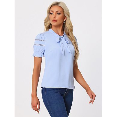 Women's Workwear Bow Tie Collar Top Elegant Office Short Sleeve Blouse