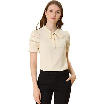 Women's Workwear Bow Tie Collar Top Elegant Office Short Sleeve Blouse