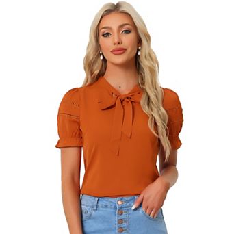 Women's Workwear Bow Tie Collar Top Elegant Office Short Sleeve Blouse