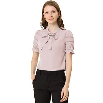 Women's Workwear Bow Tie Collar Top Elegant Office Short Sleeve Blouse