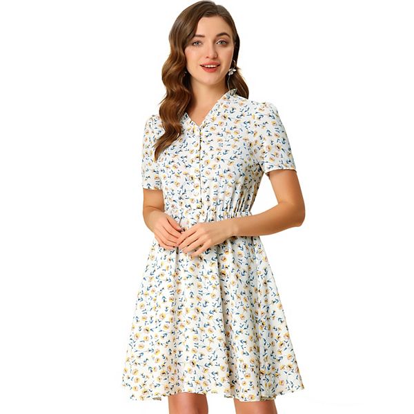 Women's Floral Print Ruffle V Neck Button up Dresses