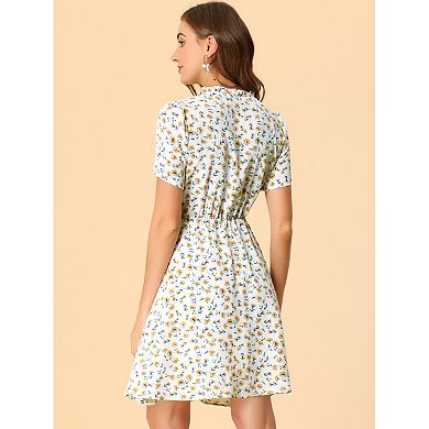 Women's Floral Print Ruffle V Neck Button up Dresses