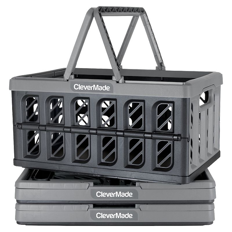 CleverMade Eco Collapsible Shopping Basket with Handles  24L Stone  3 Pack