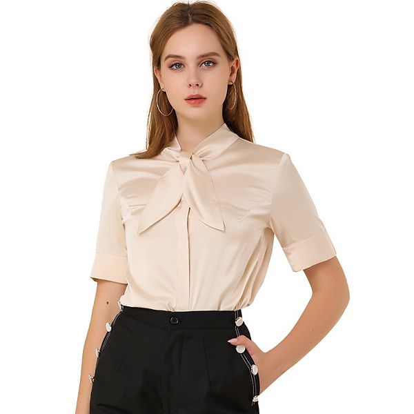 Women's 2023 Work Tops Career Tie Neck Short Sleeve Satin Elegant Button Down Shirt