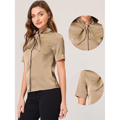 Women's Work Tops Career Tie Neck Short Sleeve Satin Elegant Button Down Shirt