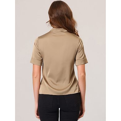 Women's Work Tops Career Tie Neck Short Sleeve Satin Elegant Button Down Shirt