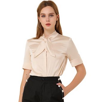 Women's Work Tops Career Tie Neck Short Sleeve Satin Elegant Button Down Shirt