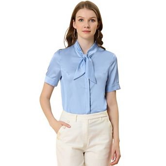 Women's Work Tops Career Tie Neck Short Sleeve Satin Elegant Button Down Shirt