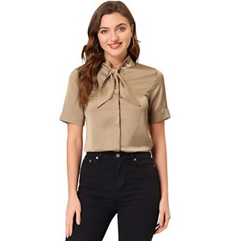Women's Work Tops Career Tie Neck Short Sleeve Satin Elegant Button Down Shirt