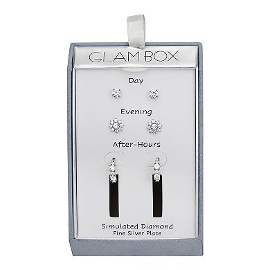 Glam Box Simulated Diamond 3 Pair Stud, Flower & Hoop Earring Set