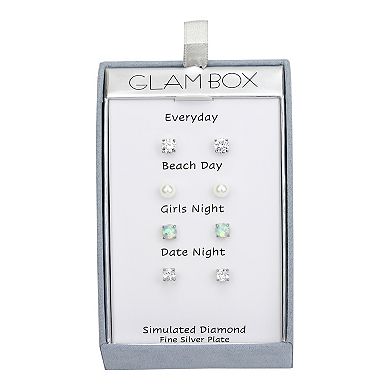 Glam Box 4 Pair Round & Cushion Simulated Diamond, Opal & Pearl Stud Earring Set