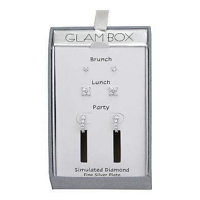Glam Box 3 Pair Simulated Diamond Stud, Flower & Huggie Hoop Earring Set