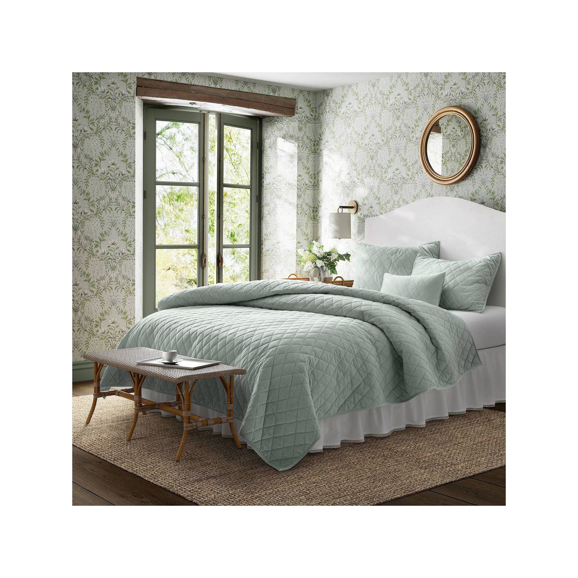 Laura Ashley Diamond Velvet Green Quilt Set with Shams