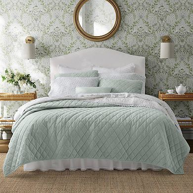 Laura Ashley Diamond Velvet Green Quilt Set with Shams