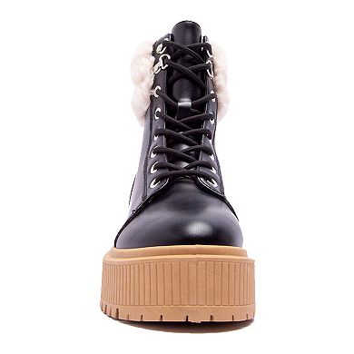 Qupid Phase-07 Women's Faux-Fur Trim Combat Boots