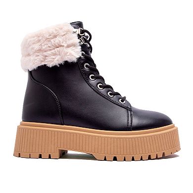 Qupid Phase-07 Women's Faux-Fur Trim Combat Boots