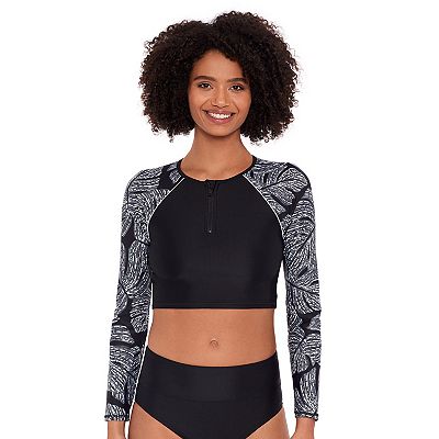 Women s Eco Beach Cropped Long Sleeve Zip Up Rash Guard Swim Top