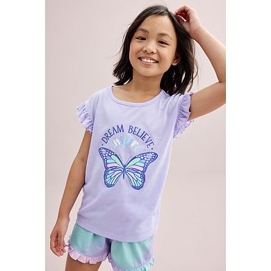 Girls 4-12 Cuddl Duds® Ruffle Sleeve Graphic Pajama Top & Pajama Shorts ...