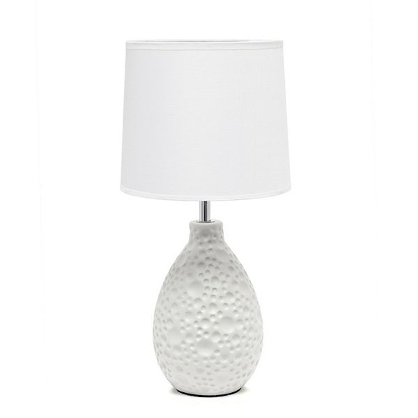 Creekwood Home Essentix 14.17" Traditional  Ceramic Textured Thumbprint Tear Drop Shaped Table Desk Lamp With Tapered White Fabric Shade For HomeDecor, Bedroom, Living Room, Dining Room, Foyer - White