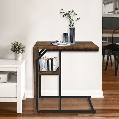 24 inch C Shaped Table for Living Room, Bedroom with Wooden Shelf