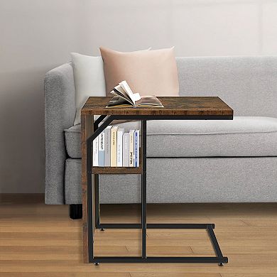 24 inch C Shaped Table for Living Room, Bedroom with Wooden Shelf