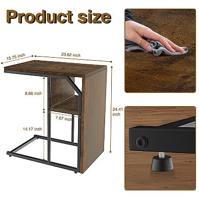 24 inch C Shaped Table for Living Room, Bedroom with Wooden Shelf