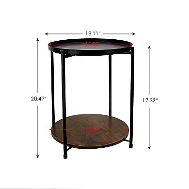 Round Wood Side Table with Storage 2 Layer Black Metal Frame End Table