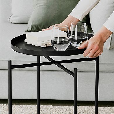 Round Wood Side Table with Storage 2 Layer Black Metal Frame End Table