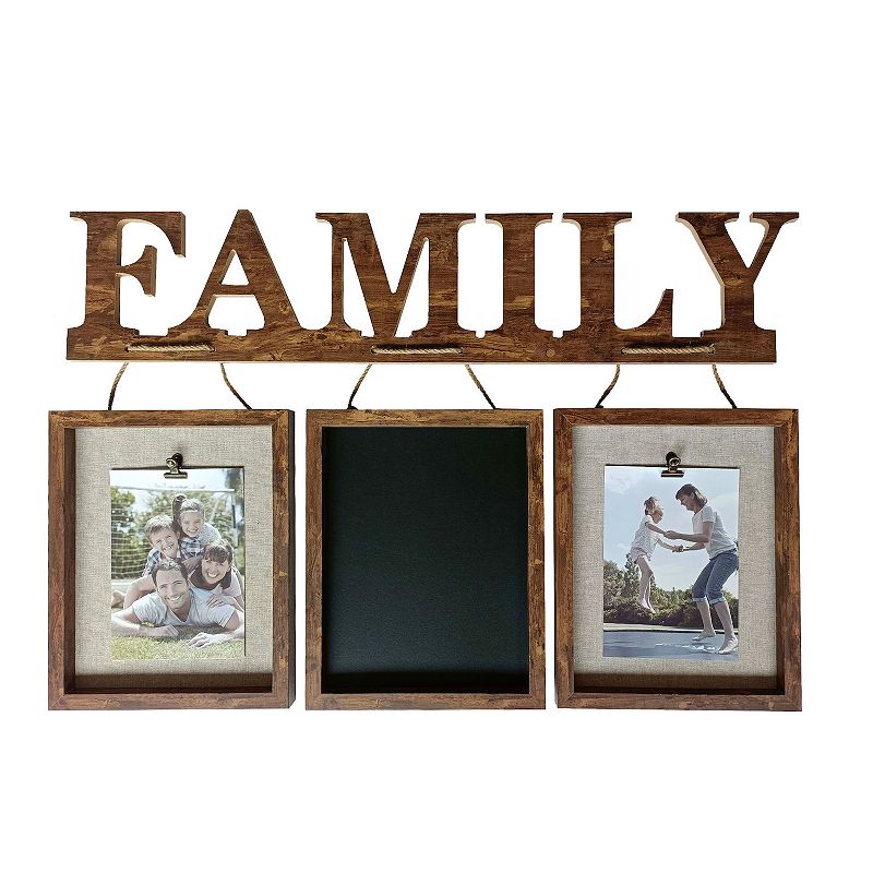 Hanging 2-Opening Faux Wood Finish Family Frame with Chalkboard, Brown