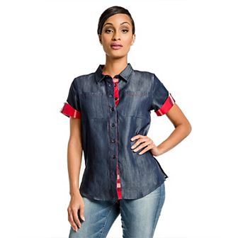 Curvy Women's Tencel Denim Short Sleeve Button Down Shirt