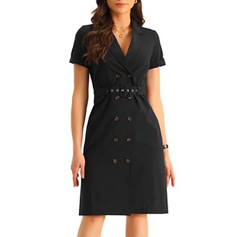 Women's Short Sleeve Notched Lapel Double Breasted Belted Work Office Dress Blazer Dresses