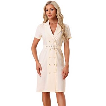 Women's Short Sleeve Notched Lapel Double Breasted Belted Work Office Dress Blazer Dresses
