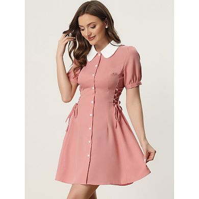 Women's Button Down Contrast Peter Pan Collar Lace up Dress