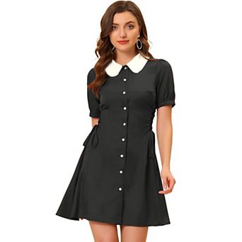 Women's Button Down Contrast Peter Pan Collar Lace up Dress