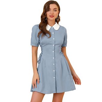 Women's Button Down Contrast Peter Pan Collar Lace up Dress