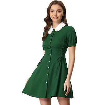 Women's Button Down Contrast Peter Pan Collar Lace up Dress
