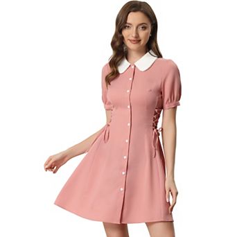 Women's Button Down Contrast Peter Pan Collar Lace up Dress