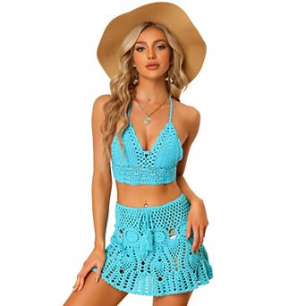 Women's 2 pc Bikini Set Hollow Out Cami Top Mini Skirt Summer Beach Crochet Knit Sets