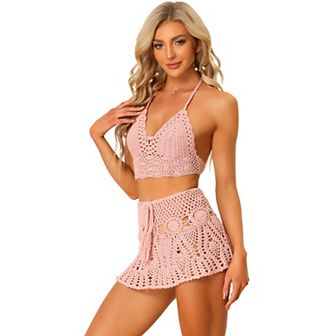 Women's 2 pc Bikini Set Hollow Out Cami Top Mini Skirt Summer Beach Crochet Knit Sets