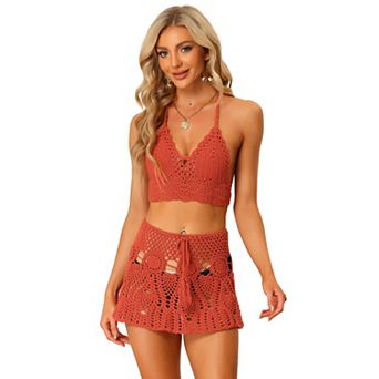 Women's 2 pc Bikini Set Hollow Out Cami Top Mini Skirt Summer Beach Crochet Knit Sets