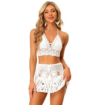 Women's 2 pc Bikini Set Hollow Out Cami Top Mini Skirt Summer Beach Crochet Knit Sets