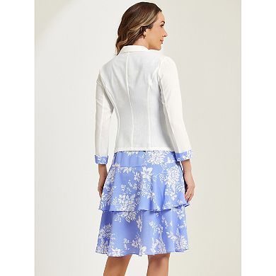 Women's Work Bow Print 2pc Sets Chiffon V Neck Contrast Panel Jacket Dress